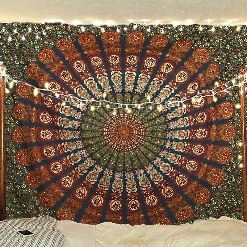 Indischer Hippie Bohemian psychedelisches Goldenes Blau Pfauen Mandala Wandbehang Feine Kunst Heimdekoration Wandteppich