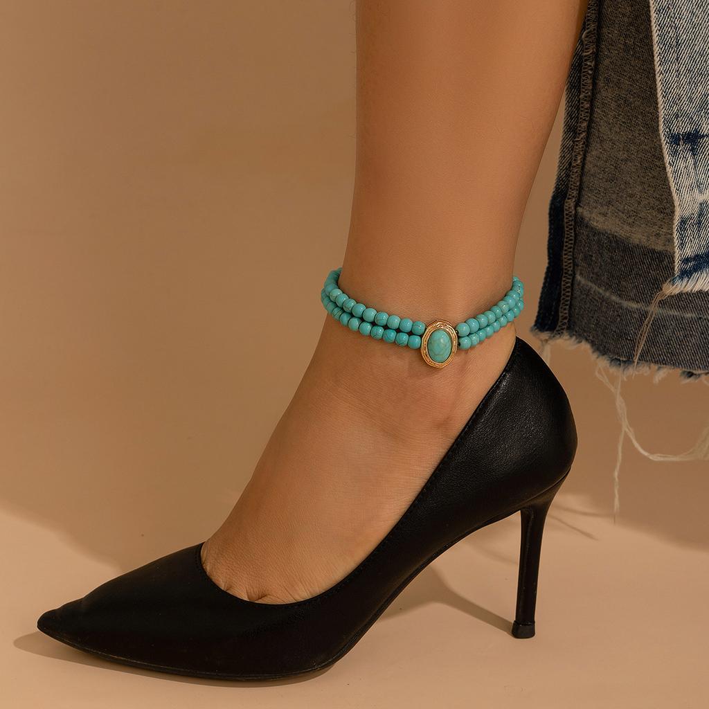 Retro Elastic Double Pearl Anklet Banquet Temperament Business Beaded Turquoise Anklet Jewelry