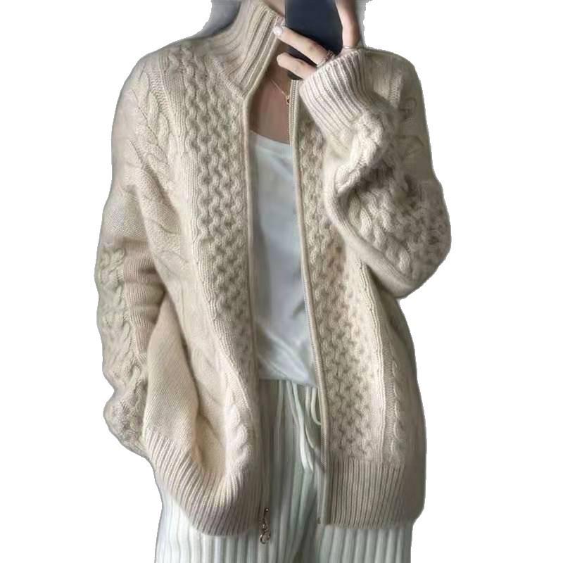Women's High Neck Zipper Cable Knit Wool Cardigan - Soft, Thick, and Loose Fit Sweater for Autumn and Winter