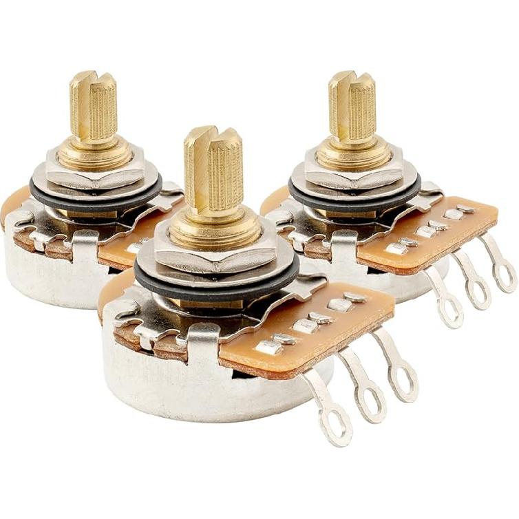 Musiclily Pro HD A250K Full Brass Inch Sized Fine 24-Spline Split Shaft Pot Audio Taper Potentiometers for Electric Guitar Bass (Set of 3)