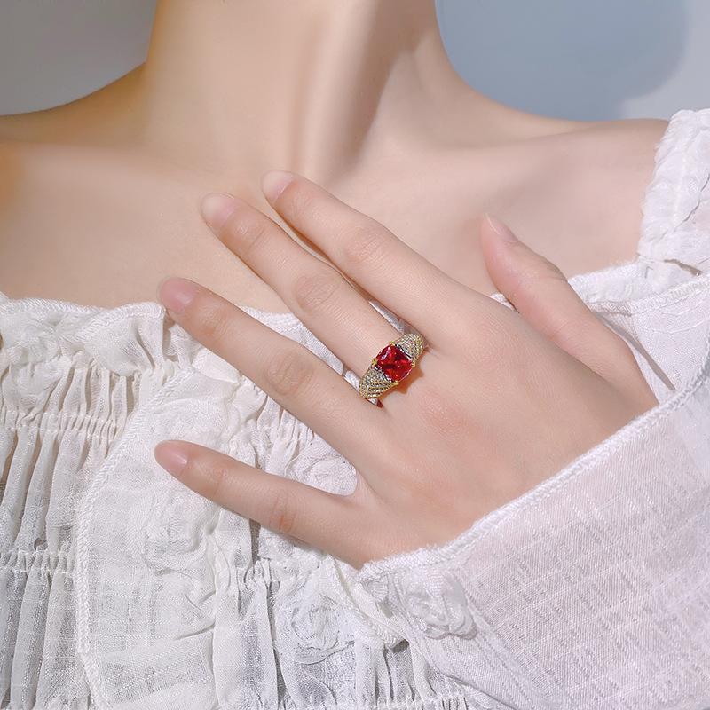 Jewelry Ring Inlaid With Red Corundum Zircon Ring Women'S Light Luxury Premium