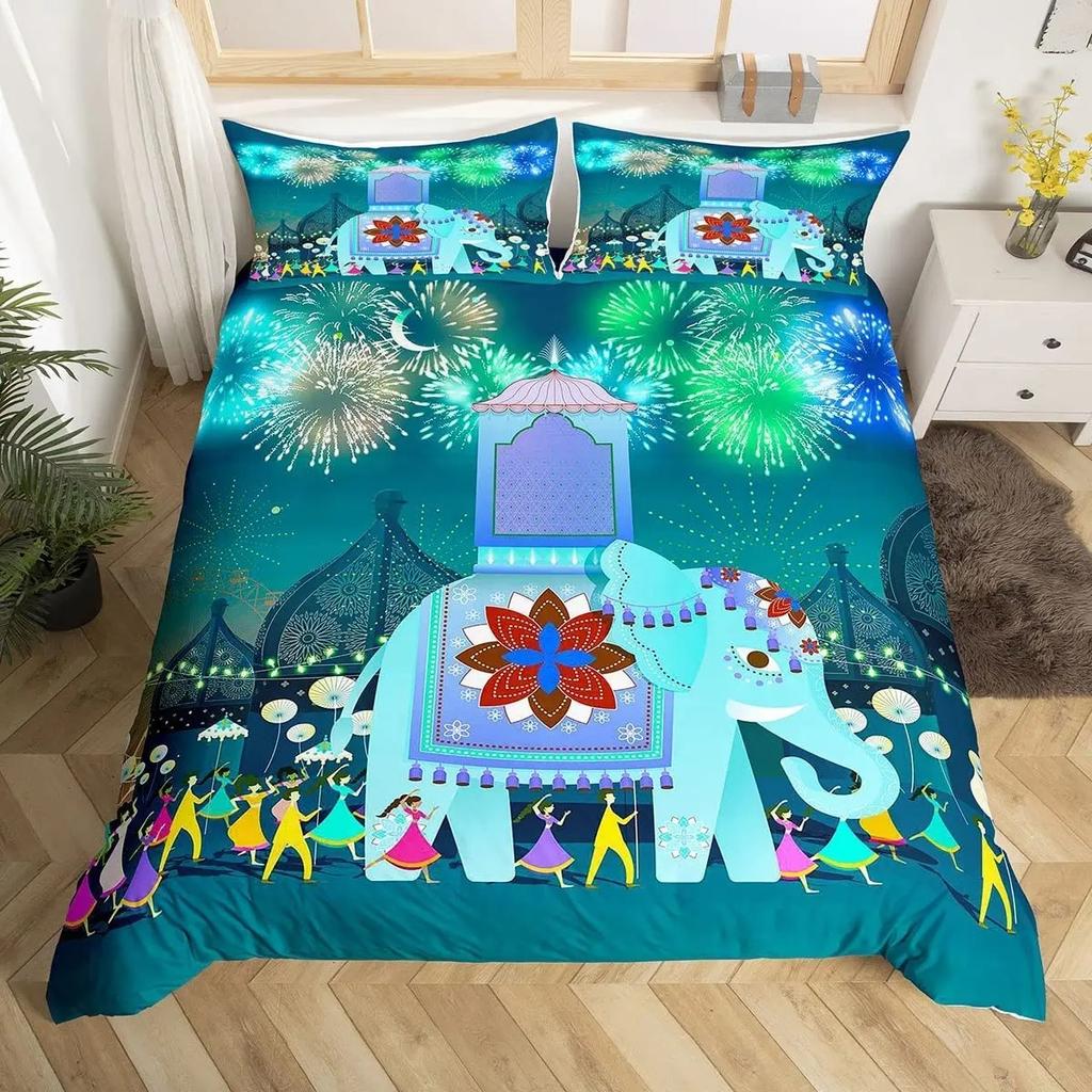 Fireworks Duvet Cover Fantasy Castle Bedding Set Prague Cityscape Comforter Cover Microfiber Magical Psychedelic Flowers Bed Set