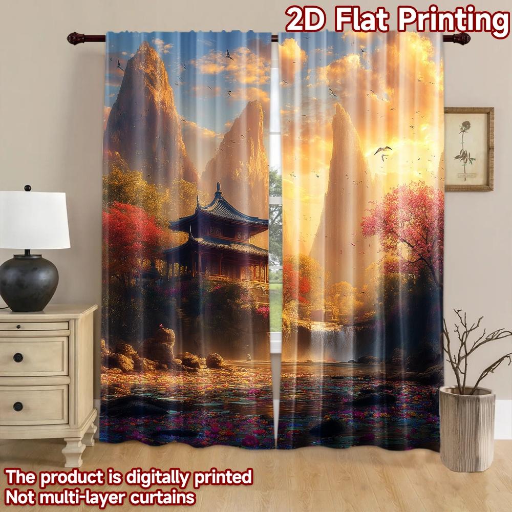 2D flat printing 2pcs Window Curtains Asian Landscape Temple Waterfall Birds Digital Printed Polyester Drapes Party Decorations