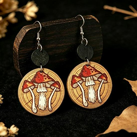 Retro Geometric Mushroom Wood Earrings
