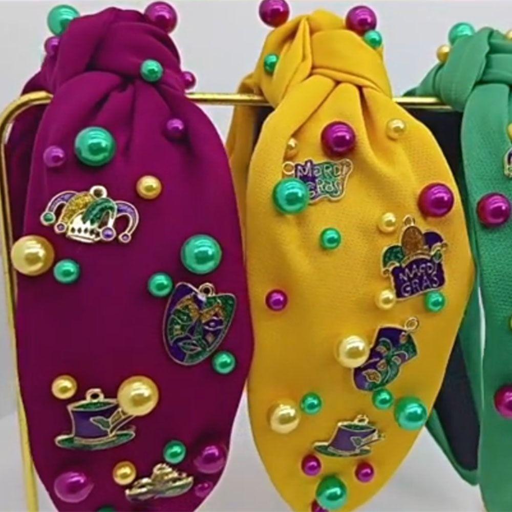 Bead Inlaid Rhinestone Knot Hairband Hand Sewn Knotted Hair Bands Mardi Gras Hairband  Holiday