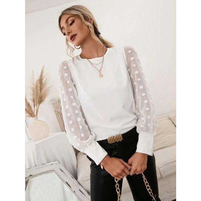 Elegant Mesh See Through Long Sleeve Shirts Women Casual White Chiffon Blouse O Neck Tops Ladies Womens Clothes Blusas 24755
