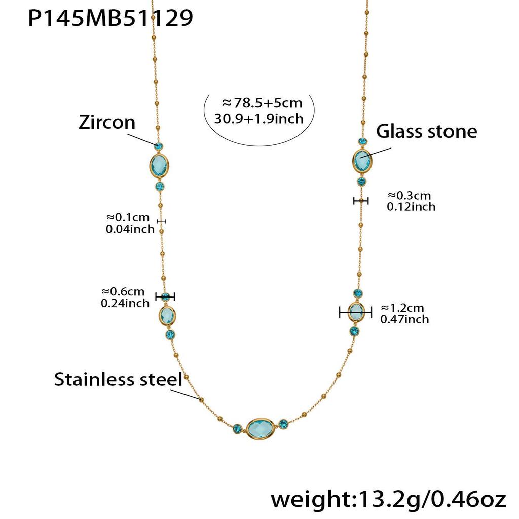 18K Gold-Plated Stainless Steel Jewelry Set: Bead Chain Necklace & Earrings with Oval Bezel Faceted Glass Stone.