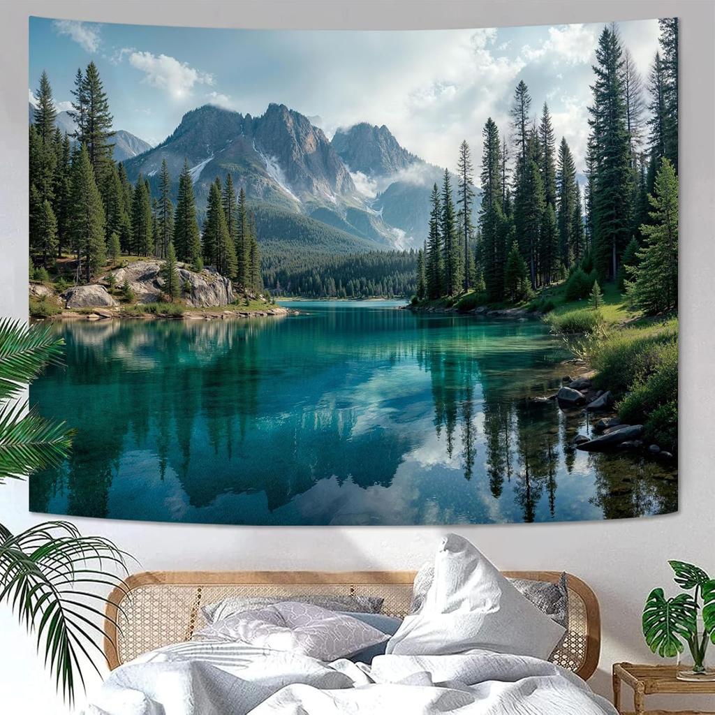 Zussun Natural Forest Tapestry Green Tree Wall Tapestry Bedroom Aesthetic Plant Stream Pool Landscape Small Tapestry Wall Hangin