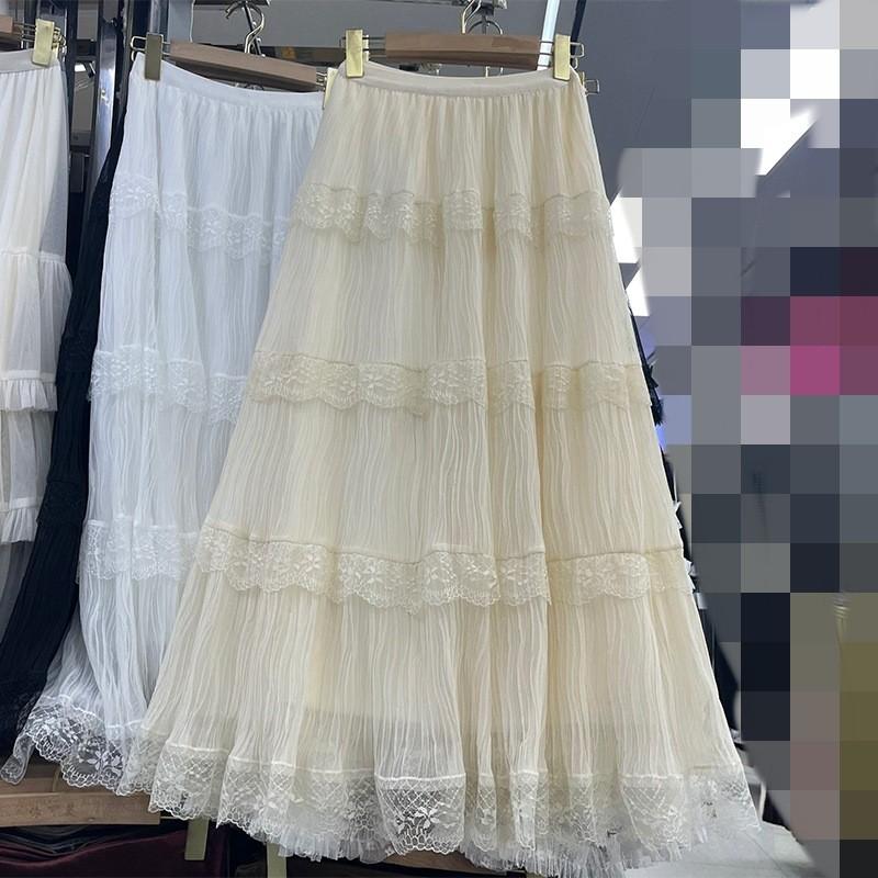 

Qooth Elegant Women A Line Lace Tulle Ruffle Skirt Wide Hem Mid Length Elastic Waist Casual QT2662 One Size абрикосовый