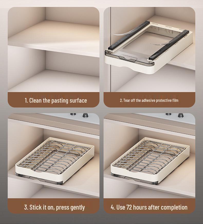Pull-Out Kitchen Cabinet Dish Rack with Built-in Shelf and Draining Basket