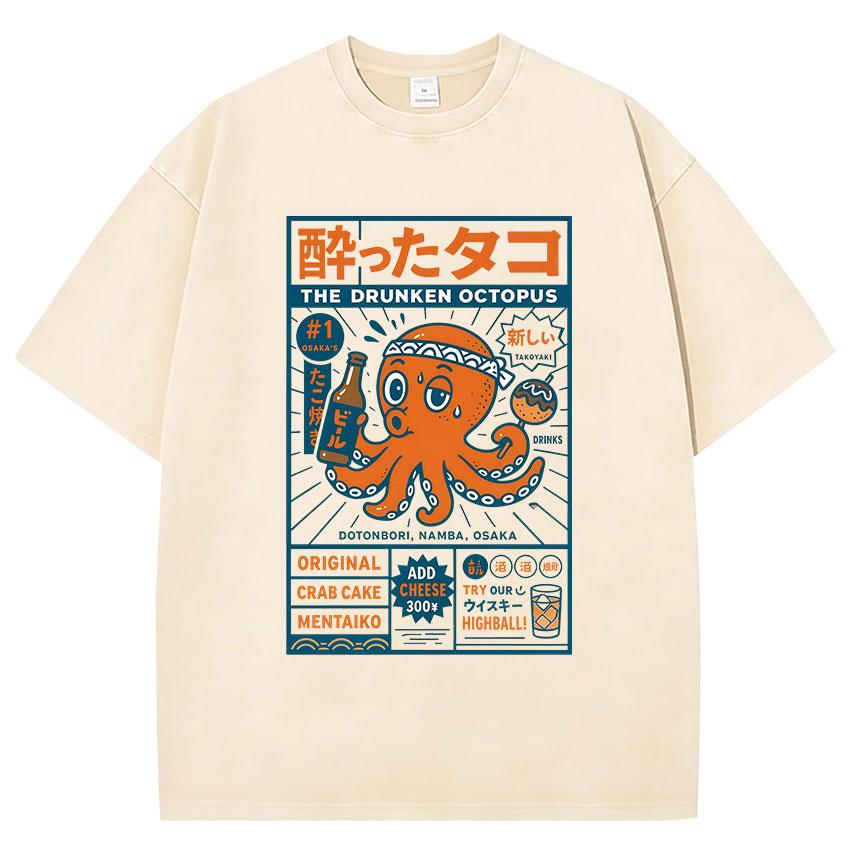Divertente Osaka Dotonbori Polpo Ubriaco Giapponese Retrò Lavata Maglietta Unisex Donna Abbigliamento Umoristico Moda Cotone Manica Corta T-shirt