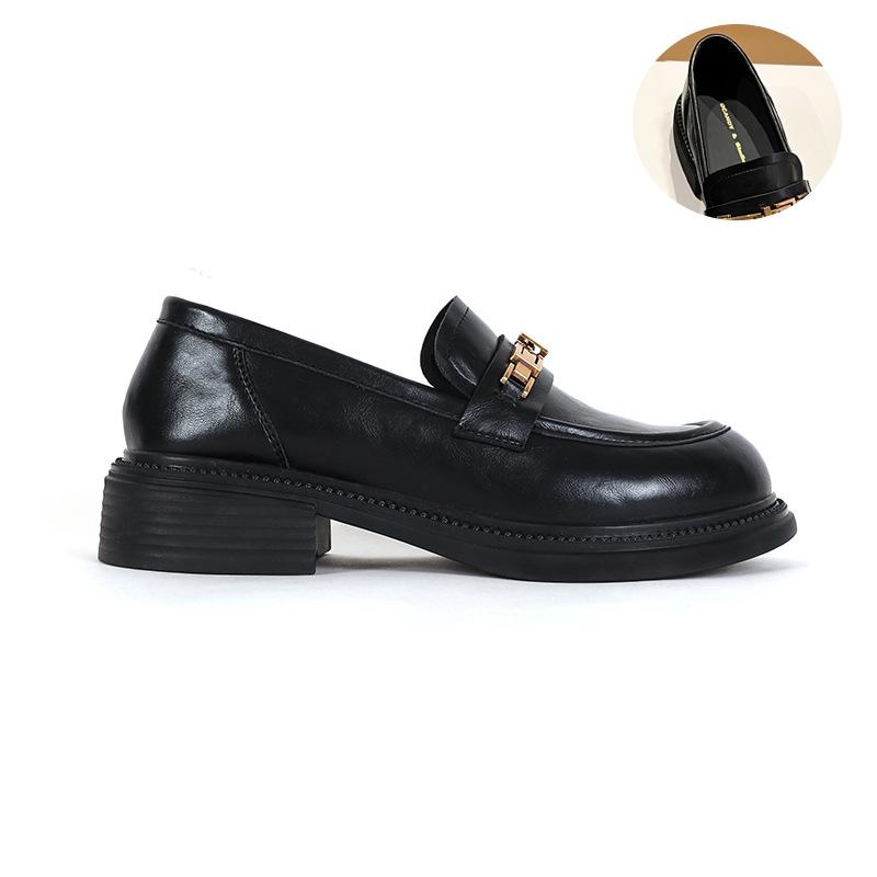 

[Sheepskin version] 2025 new leather British style thick-soled heightening loafers women s small gold buckle autumn and winter velvet 35