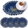 OWENIE Hanukkah Placemats Set of 4, Embroidered Chanukah Menorah Blue Round Placemats, Je Festival Holiday Party Table Decor Indoor Outdoor