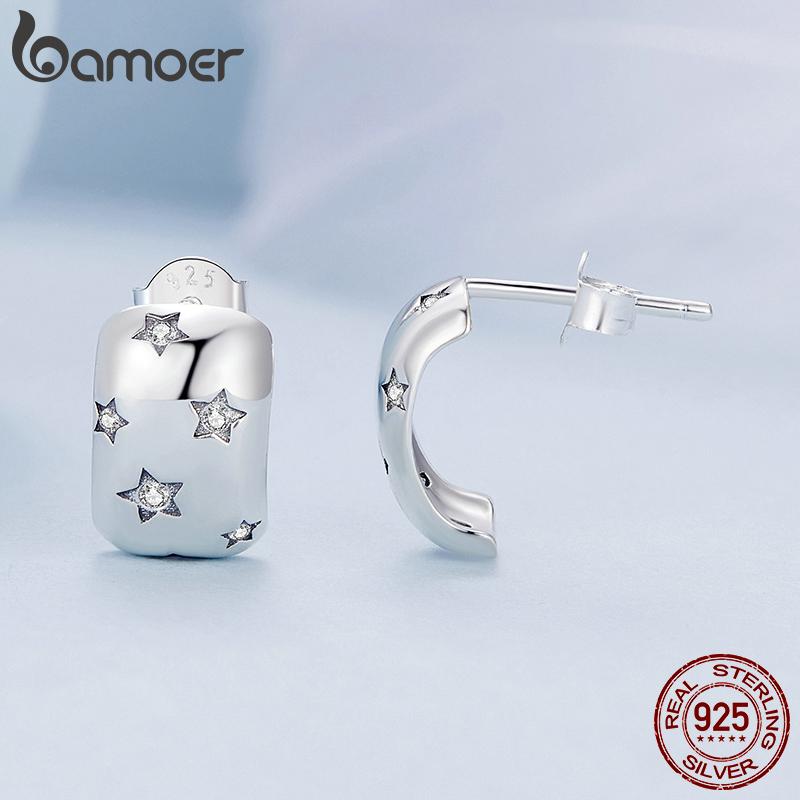 BAMOER 925 Sterling Silver Polkruhové hviezdicové náušnice z platinového zirkónu pre ženy, jemné šperky