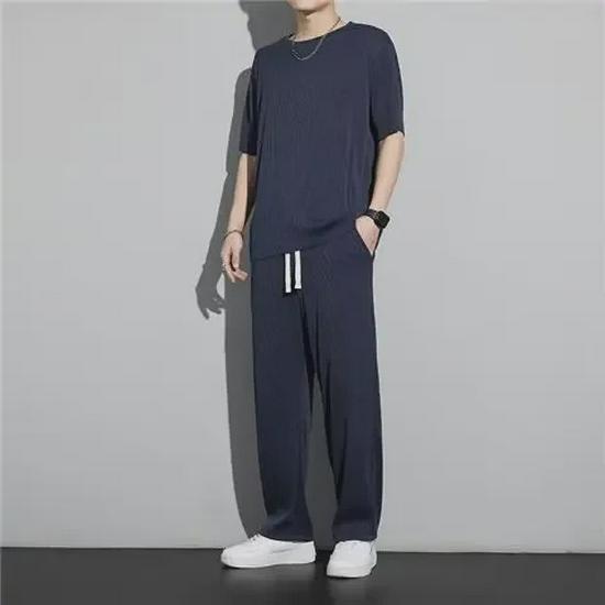 Men's Ice Silk Casual Two-Piece Summer Set: Short-Sleeve T-Shirt & Trousers Sportswear