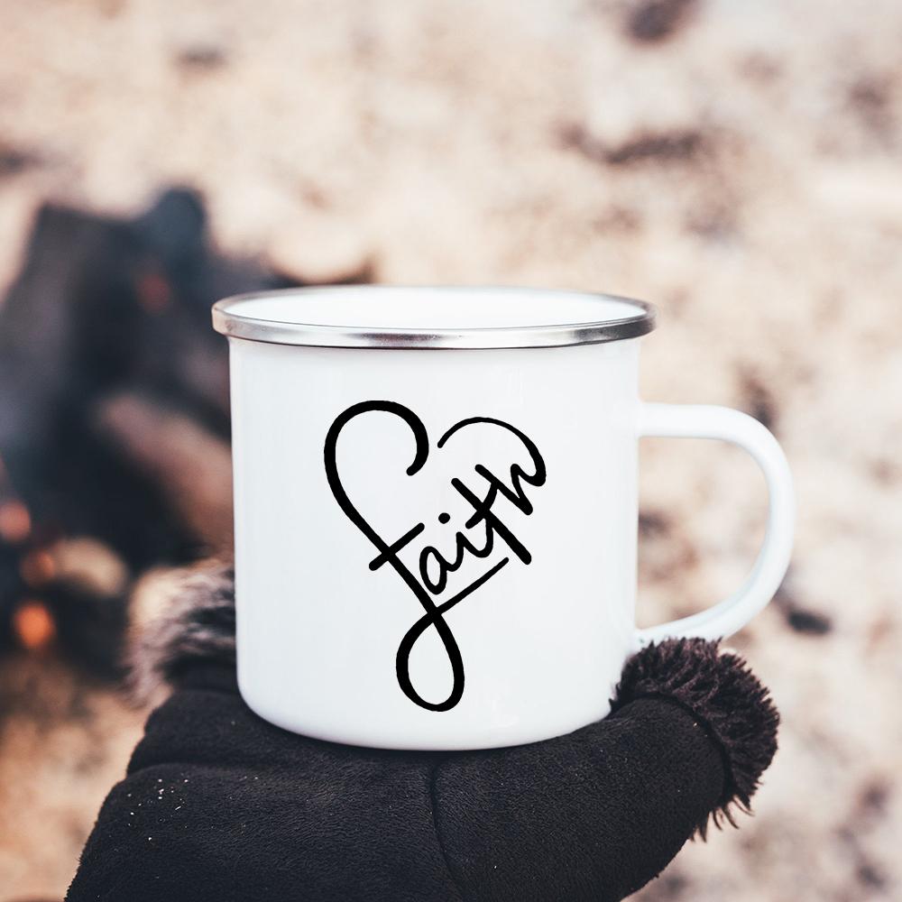 Faith Hope Love Print Christian Creative Enamel Mugs Outdoor Travel Coffee Cup Drink Dessert Milk Vintage Handle Drinkware Gift