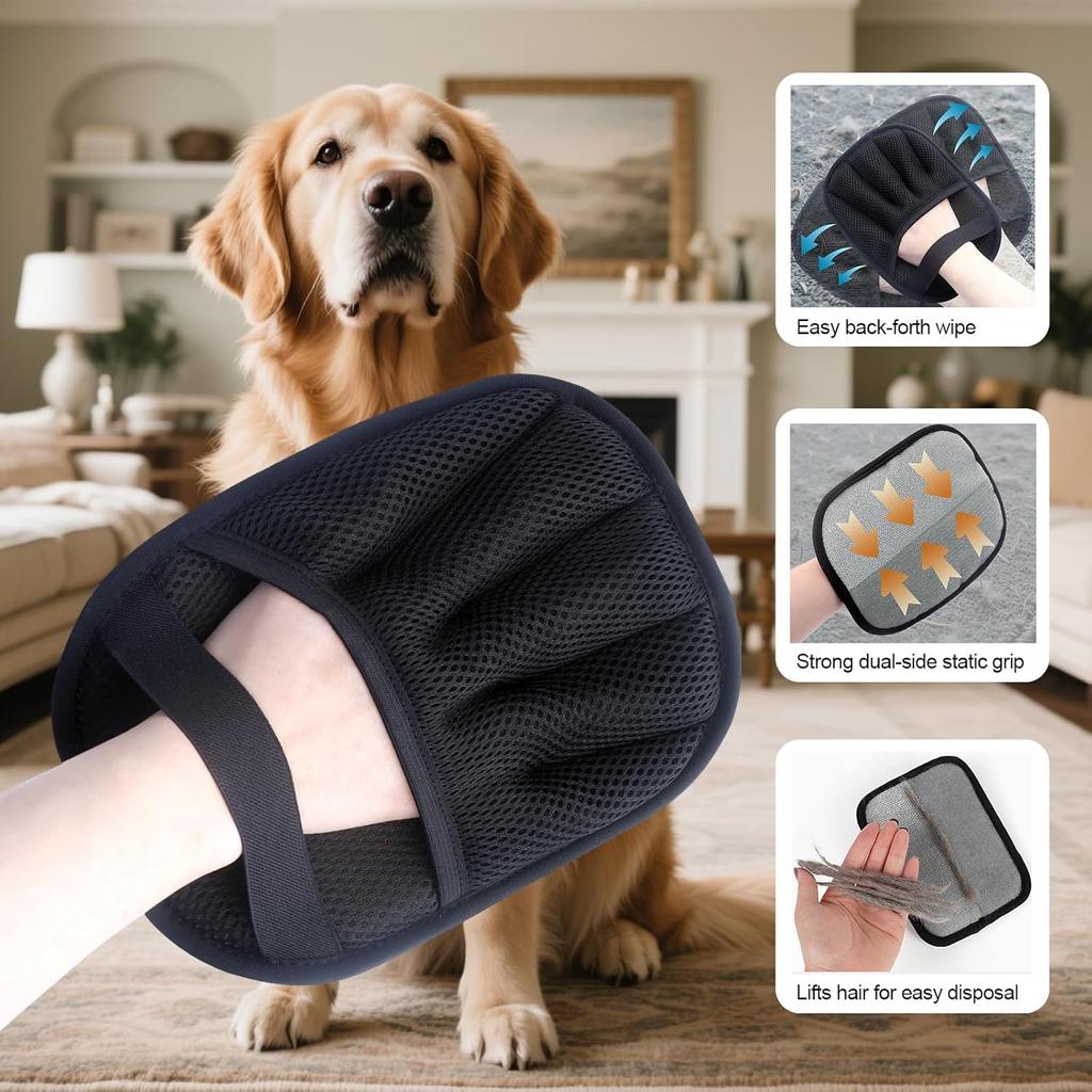 2Pcs Pet Hair Removal Glove for Cats & Dogs, with 2Pcs Toothbrush, Upgraded Five-Finger Electrostatic Pet Hair Gloves, Washable Reble Pet Hair