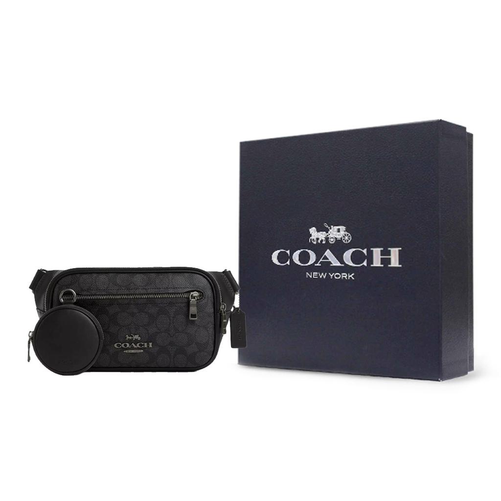 Coach Elias 29 Signature Print Zipper Closure Coated Canvas Waist Bag Large Men Waist Bag Black CZ400-QBMI5