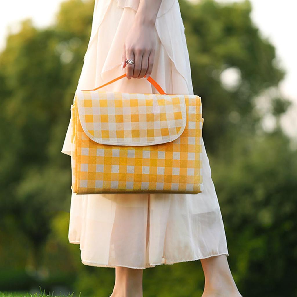 Picnic for Compact Easy To for Field Sports Cherry Blossom Checkered Genuine Product Yellow Checkered Mat, Waterproof, Large, 150x200cm/200x200cm, 3-9