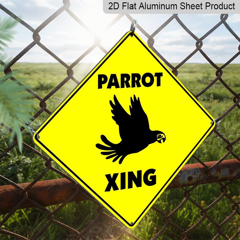 2D Flat 1pc, Parrot Crossing Sign Zone Xing Metal Sign Novelty Road Sign Tropical Bird Macaw Parakeet Lover Birder Owner Metal Plaque, for Outdoor