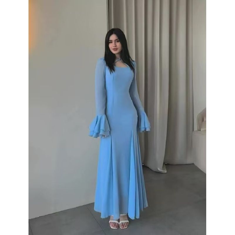 

Western Style Square Collar Bell Sleeve Temperament Dress Square Collar Flared Sleeve Dress Light Blue S