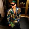 PYJTRL Mens Fashion Gold Leaves Pattern Blue Green Shiny Sequin  Suit Jacket Blazer