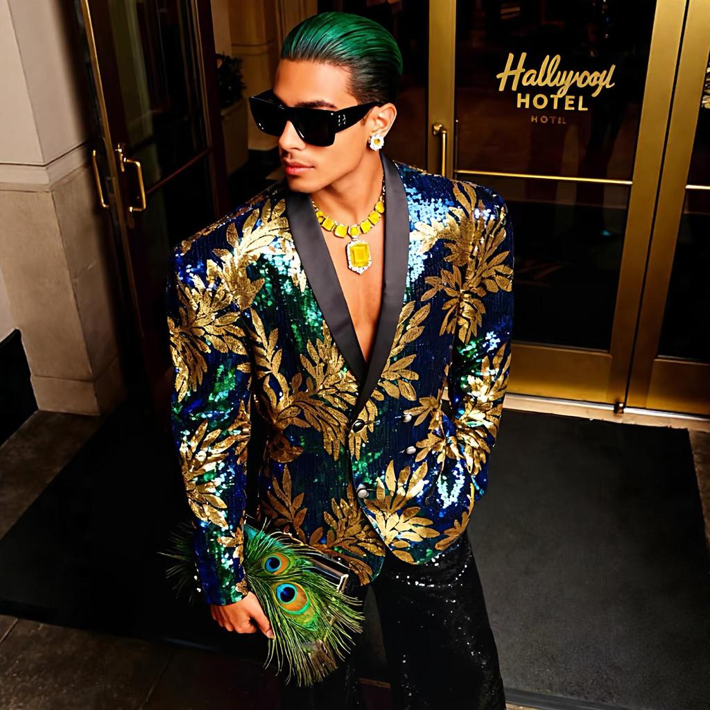 PYJTRL Mens Fashion Gold Leaves Pattern Blue Green Shiny Sequin  Suit Jacket Blazer