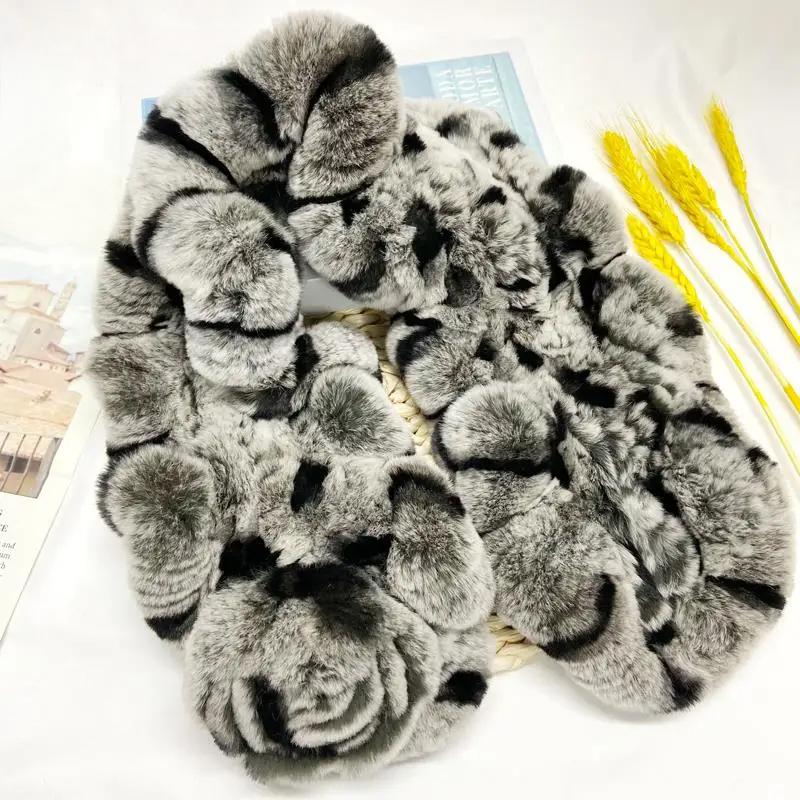 Natural Rabbit Fur Scarf Women Real Rex Neckwarmer Stylish Winter Warm Fashion Female Scarves Floral Shawls 65x12cm