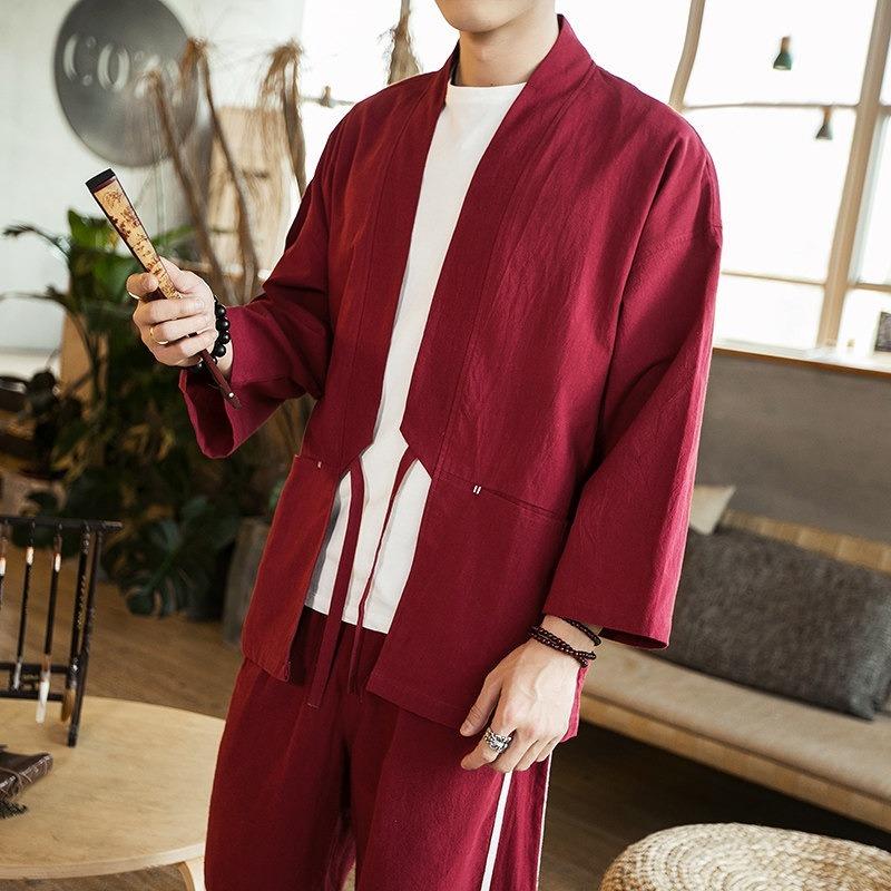 Men Chinese Style Retro Japanese Loose Open Front Cardigan Jacket Summer Outerwear