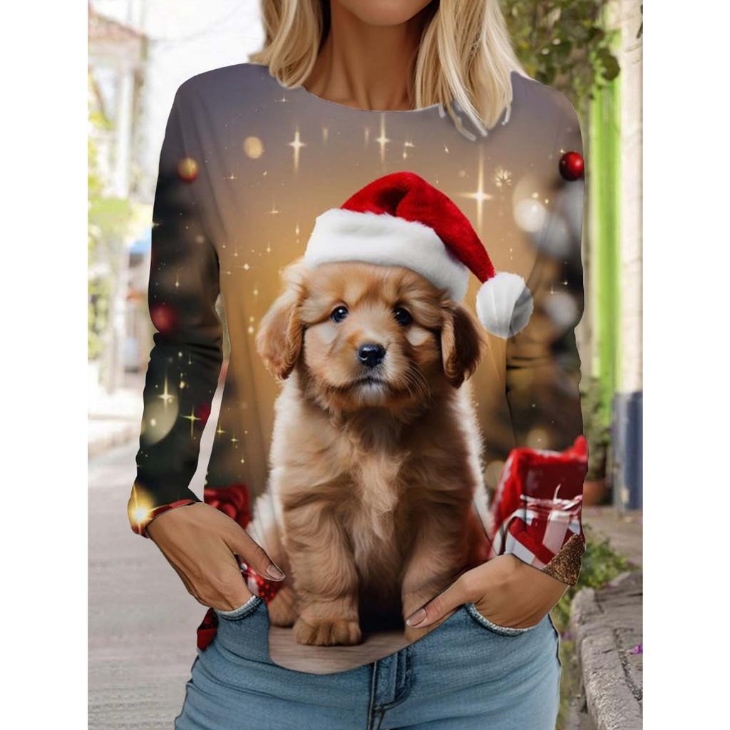 Weihnachten Damen Langarm T-Shirt Lässig Mode Weihnachten Niedliche Katze&Hund Feiertagsgeschenke Oberteile Harajuku Tier Damenbekleidung