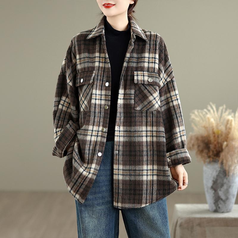 

DIMANAF 2025 Новая осенняя женская блузка рубашка большого размера с длинным рукавом, толстая, свободная, повседневная, с принтом на пуговицах, клетчатая, винтажная one size коричневый