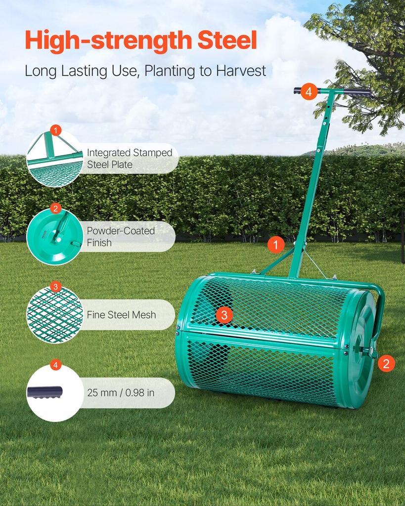 Compost Spreader, 24 In Wide Peat Moss Spreader with Push/Tow Handle, 4 Heights Adjustable, Powder-Coated Steel Garden Peat Moss Roller, Heavy Duty