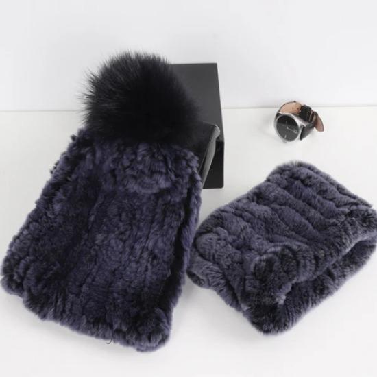 New Fashion Knitted Good Elastic Real Fur Scarf Hat Sets Women Winter Warm Natural Rex Rabbit Fur Scarves Hats Sets
