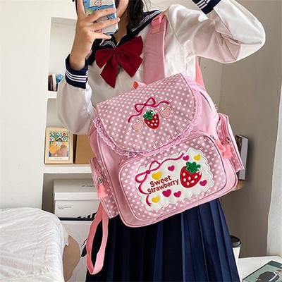 Kawaii Kinder Schultasche Niedliche Erdbeerstickerei Schüler Rucksack Punkte Mehrere Taschen Nylon Mode College Für Teenager Mädchen