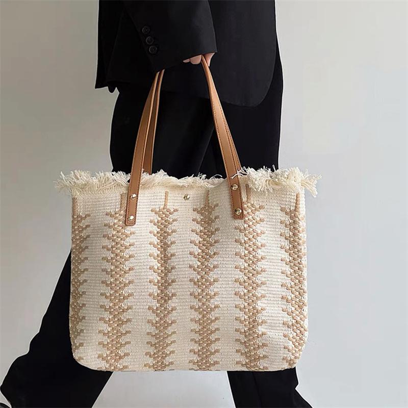 Women Grocery Tote Bag Fringe Large Capacity Canvas Handbag Beach Reusable Shop Bag Contrasting Color Travel Shoulder Bag