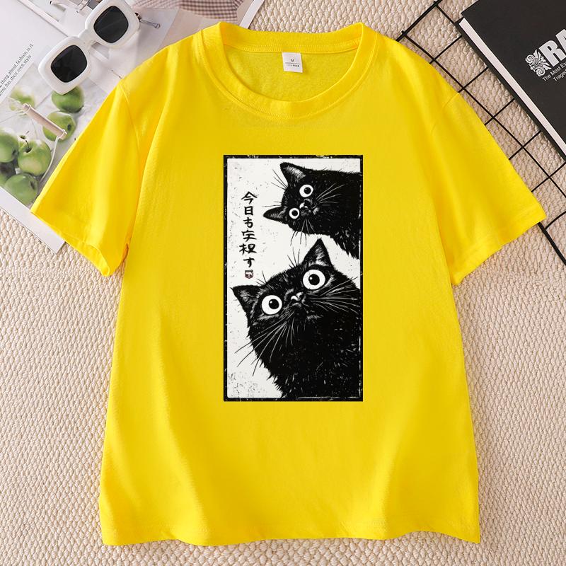 Japanese Cat TShirt Unisex Unisex Tokyo Aesthetic T Shirt Black Cat Tee Casual Cotton Short Sleeve Printed Tshirts Unisex Clothes