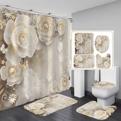 Ensemble de 4 rideaux de douche pour salle de bain Fleurs de cerisier blanches Rideau de salle de bain avec 12 crochets Tapis antidérapants Couvercle de siège de toilette Paroi de salle de bain