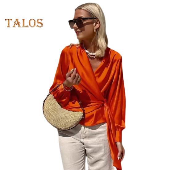 

Женская рубашка с V-образным вырезом, шнуровкой сбоку, фонарь, длинный рукав, пуловер, топы, однотонная рабочая повседневная блузка, повседневная одежда S оранжевый