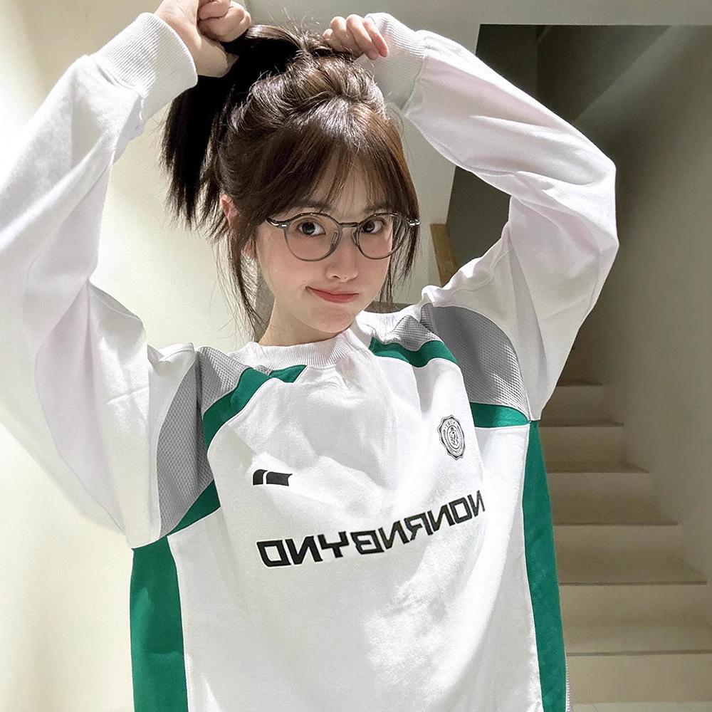 

Женская футболка с ретро цветными блоками и буквами - Свободного кроя с длинным рукавом для весны и осени M (Recommended up to 100 lbs) белый