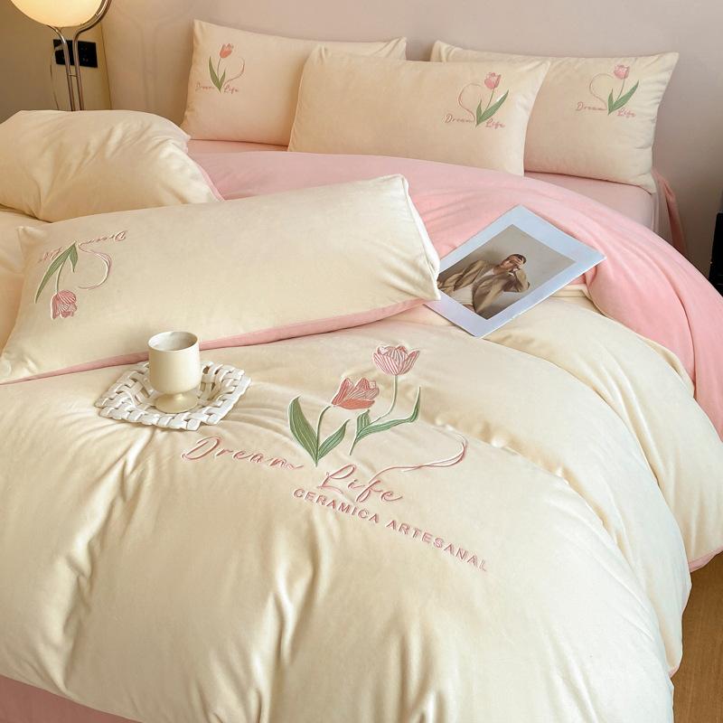 Thickened Milk Fleece Four-Piece Set, Coral Double-Sided Fleece Embroidered Crystal Fleece Quilt Cover, Bed Sheet, Bed Hat Three-Piece Set