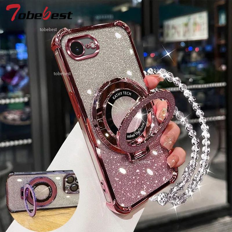 For iphone 16E 2025 16 15 14 Plus 13 12 11 Pro Max Case Shockproof Glitter Plating Crystal Bracelet Magsafe Phone Holder Cover