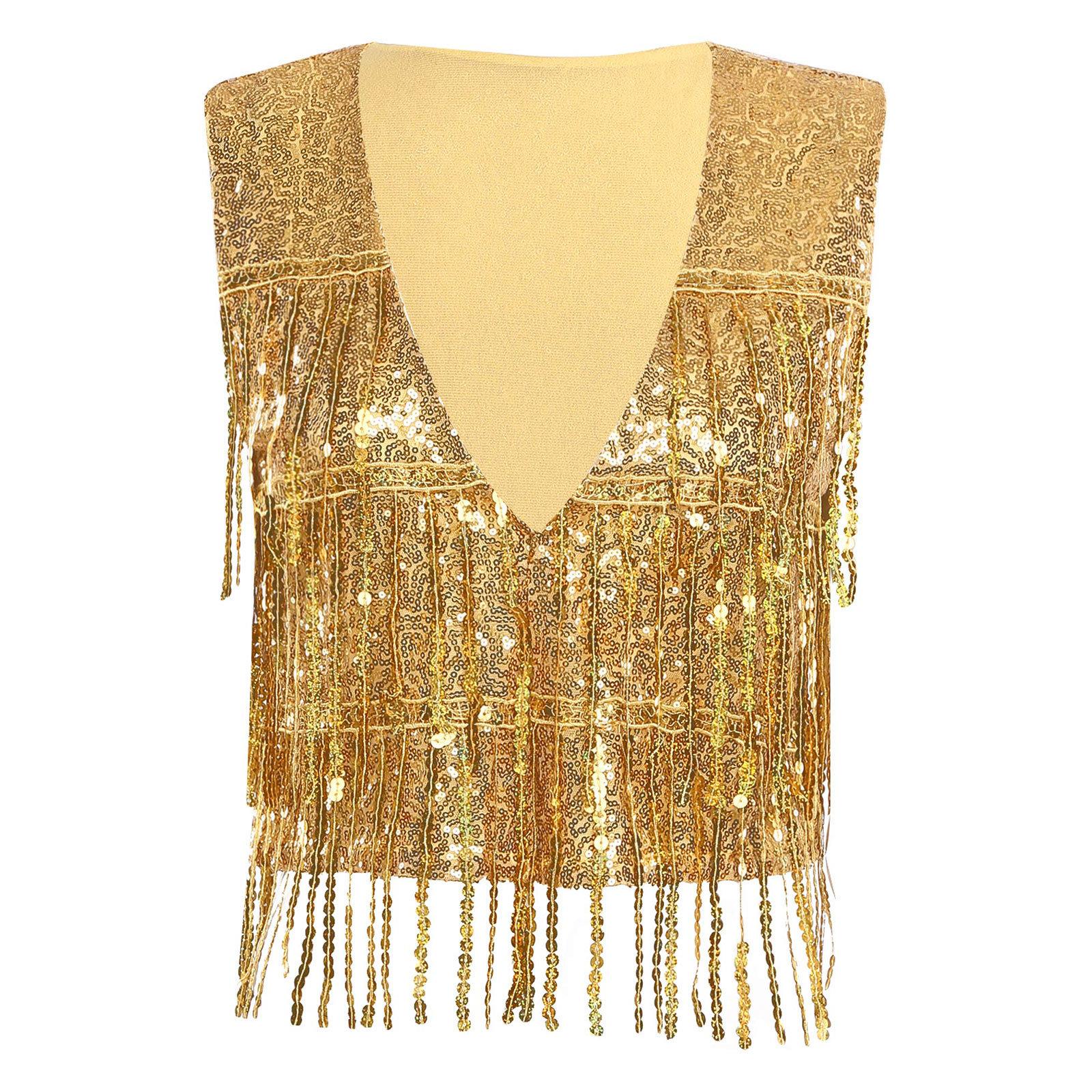 

Жіночий блискучий клубний жилет з паєтками та китицями, без рукавів, з глітером, жилет з паєтками по всій поверхні, V-подібним вирізом, відкритим передом, топ для танцювального фестивалю золотий