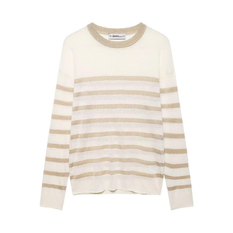 European and American style, new women's clothing, fashionable, versatile, casual metal-colored thread-woven striped knitted sweater