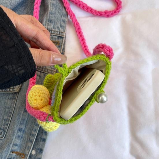 Women Crossbody Bag Colorful Crochet Cartoon Flower Pendant with Faux Pearl Lock Design