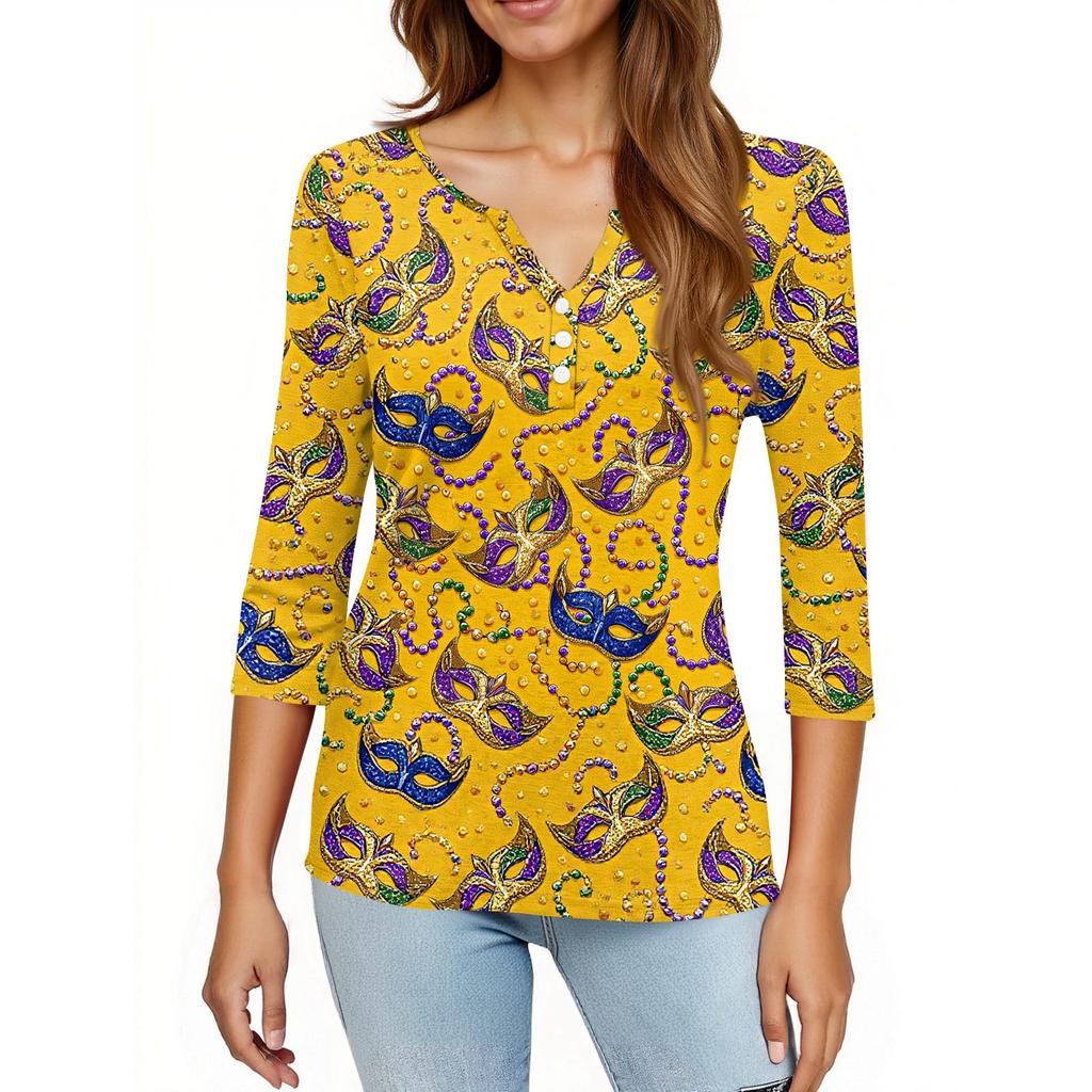 Dámské tričko s potiskem, knoflíky, 3/4 rukávy, pro každý den, na víkend, módní, základní, s výstřihem do V, běžný top