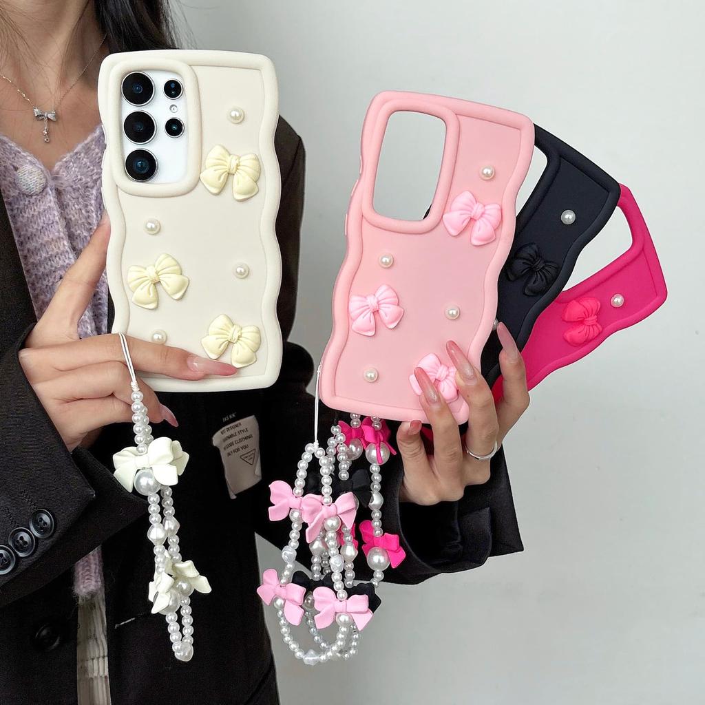 Bowknot Pearl Chain Rope Phone Case For Samsung Galaxy for Samsung Galaxy S26 Ultra S25 Plus S22 S21 S23 S24 FE Cover