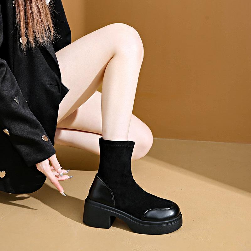 thick-soled thick-heeled Martin boots for women's 2025 autumn new thin boots versatile fashion height-increasing and thin elastic short boots