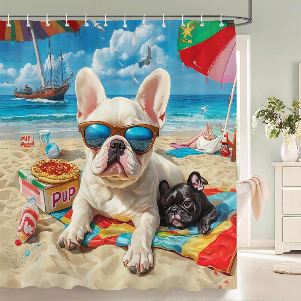 Funny and Creative Beach Cats and Dogs Fabric Shower Curtain Waterproof Polyester Bath Curtains for Bathroom Decorate with Hooks