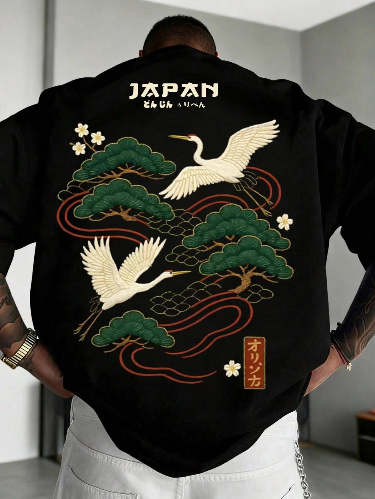 Men s Casual Versatile Minimalist Japanese Crane Print Short Sleeve T-Shirt S