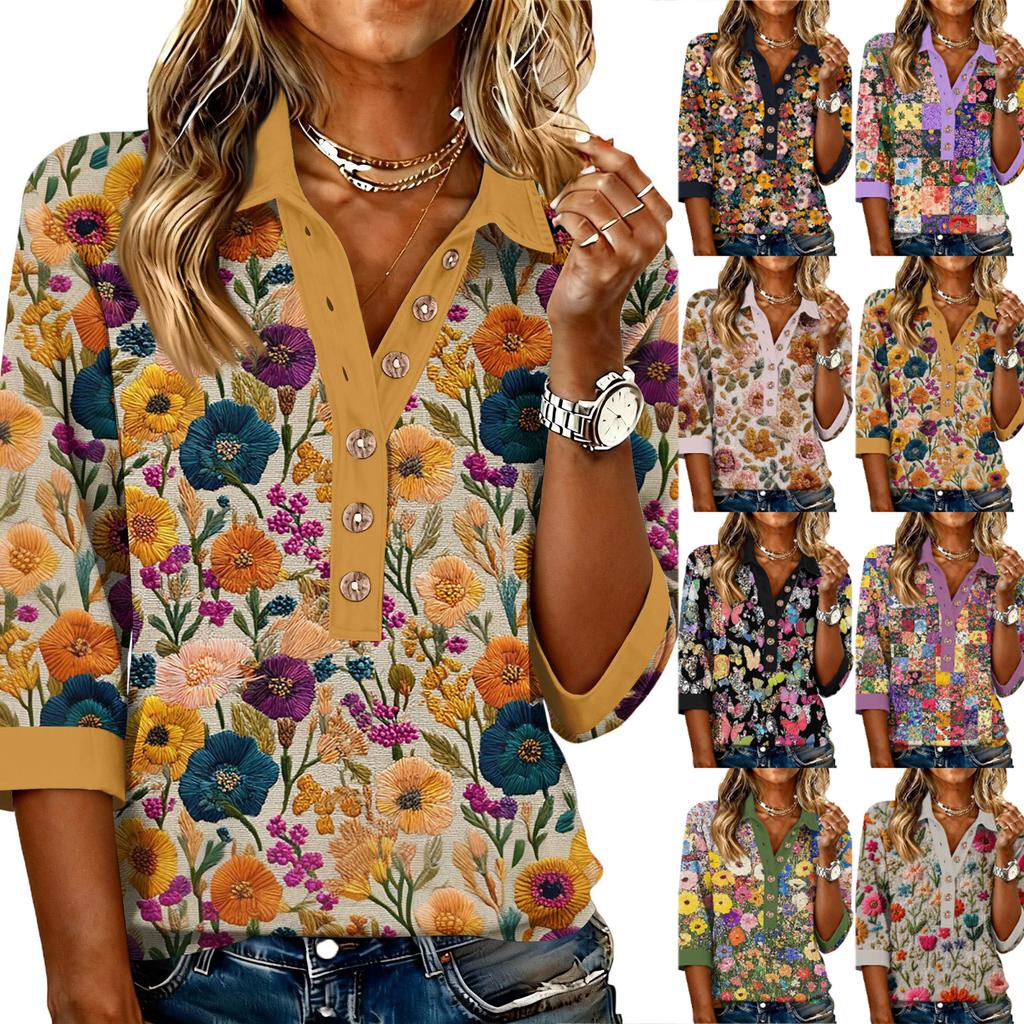 Damen modisches und lässiges Sommer V-Ausschnitt Patchwork Dreiviertelarm Blumenoberteil